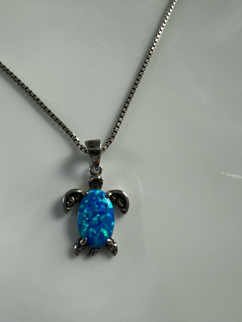Sterling Silver, lab-blue opal turtle // 925 sterling silver necklace